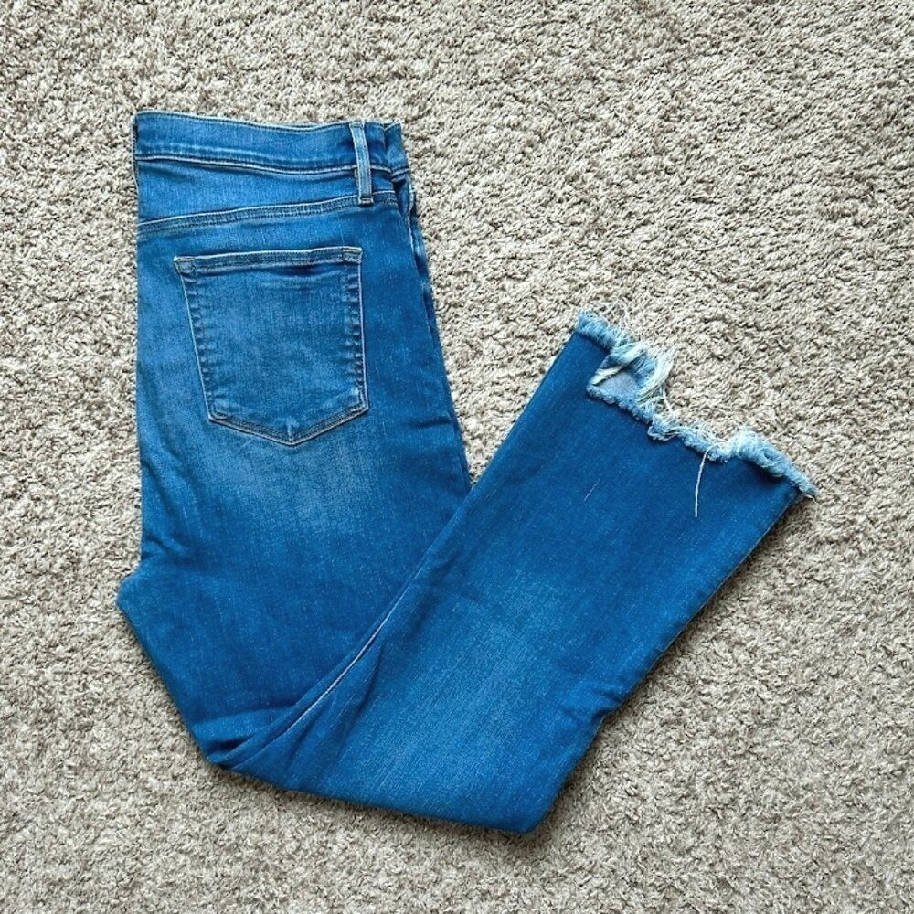 LOFT High Rise Button Fly Flare Cropped Jeans I Distressed Frayed Hem I Size 14 - Picture 3 of 11